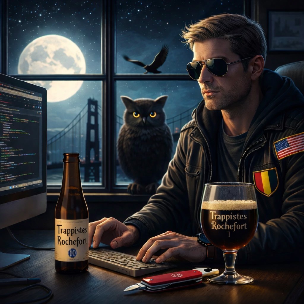 A coder at night with a Trappistes Rochefort beer
